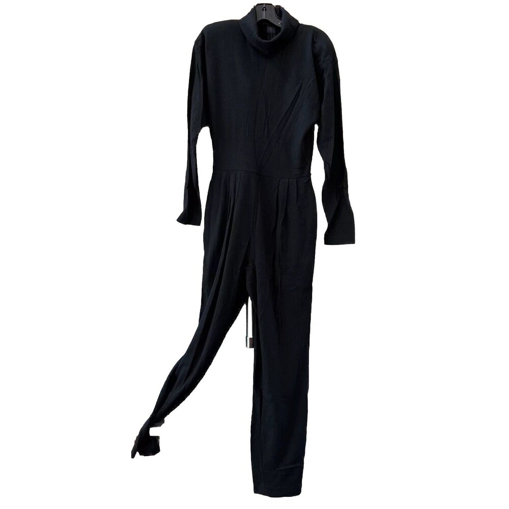 REGINA KRAVITZ Vintage Black Pleated Jumpsuit Long Sleeve Wool 8 Zip Pockets